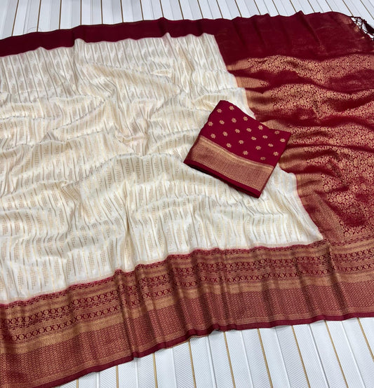 Pure Khaddi Crepe Georgette Saree with Rich Zari Weaving Border & Contrast Hand-Dyed Pallu | Original Hand Chaap Dye Saree with Running Blouse Piece | Premium Traditional Saree for Women