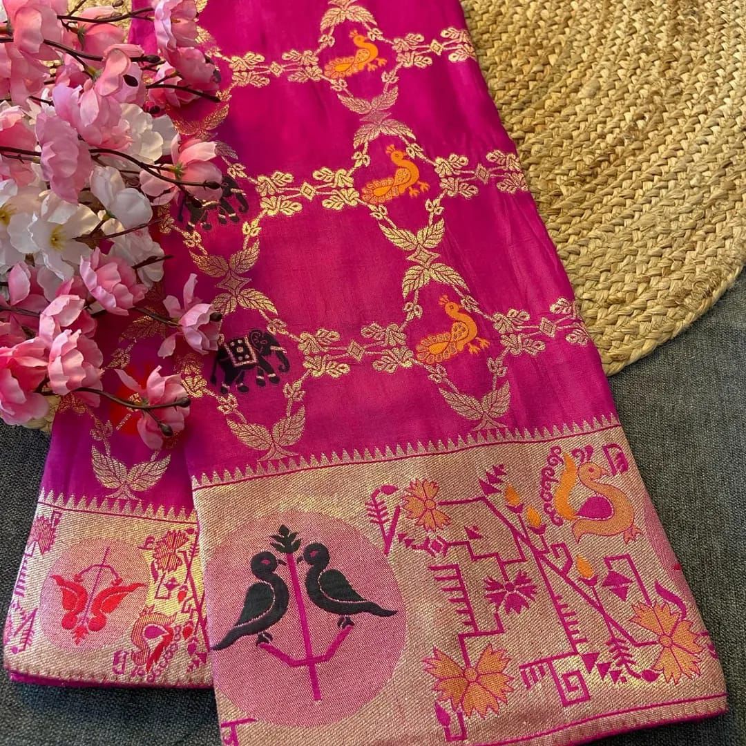Soft Russian Silk Weaving Saree – Paithani Concept Design with Meenakari & Zari Work