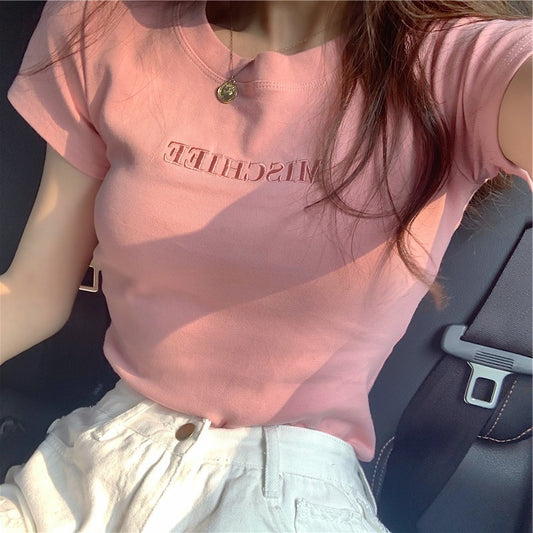 Summer new Korean version of the letter embroidery slim short-sleeved T-shirt female student tops