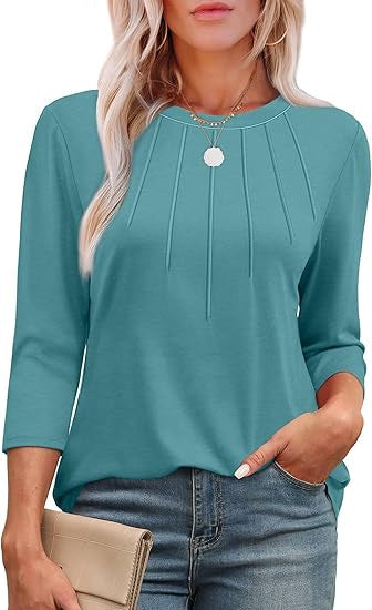 new fashion casual pleated round neck three-quarter sleeve top bottoming shirt