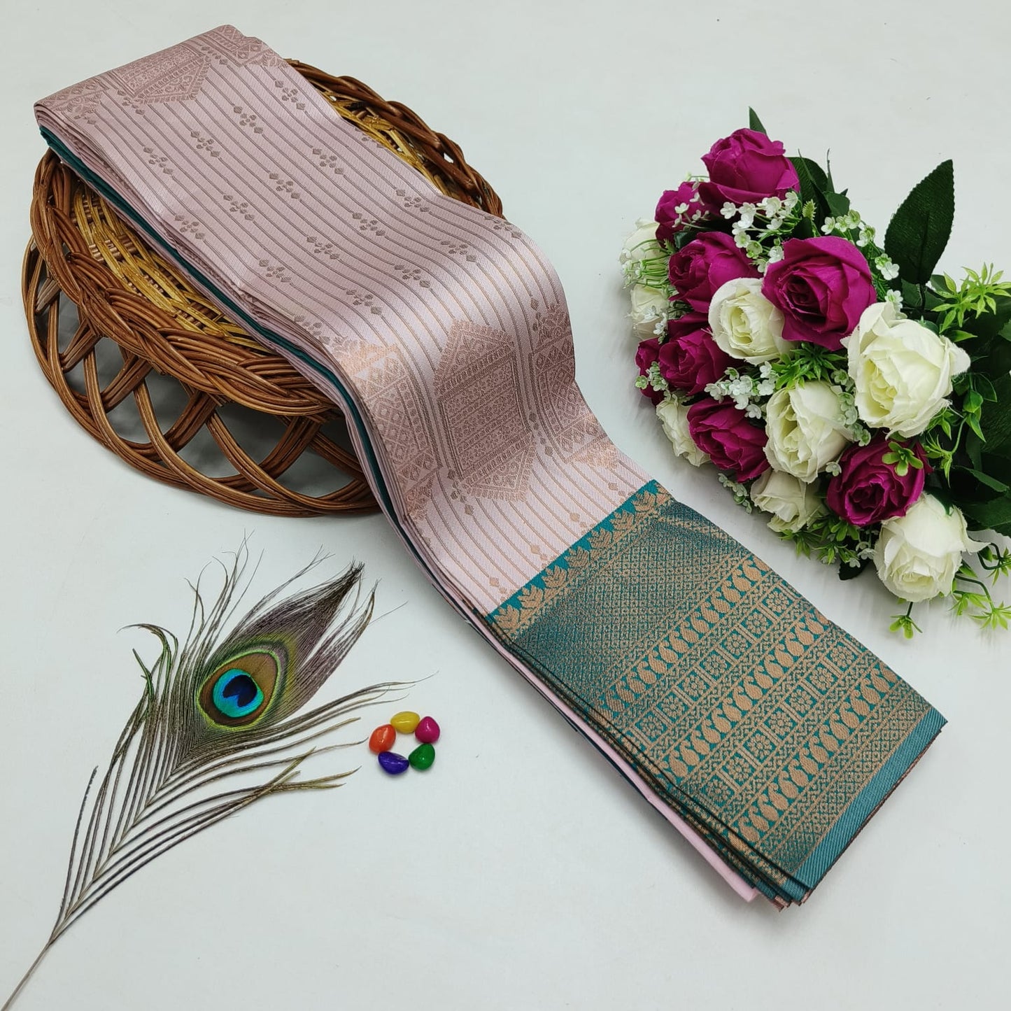 Silk Bridal Saree – 3D Embossed Weaving, Rose Gold Zari, Rich Pallu & Contrast Blouse | Premium Lightweight Wedding Saree