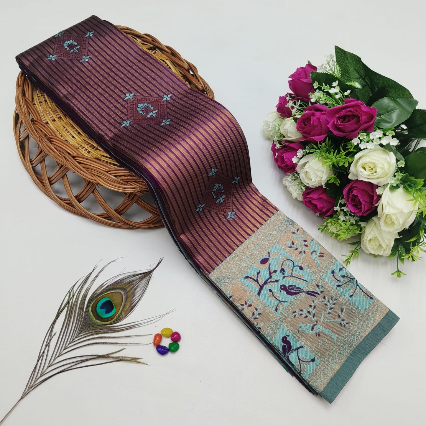 Silk Bridal Saree – 3D Embossed Weaving, Rose Gold Zari, Rich Pallu & Contrast Blouse | Premium Lightweight Wedding Saree