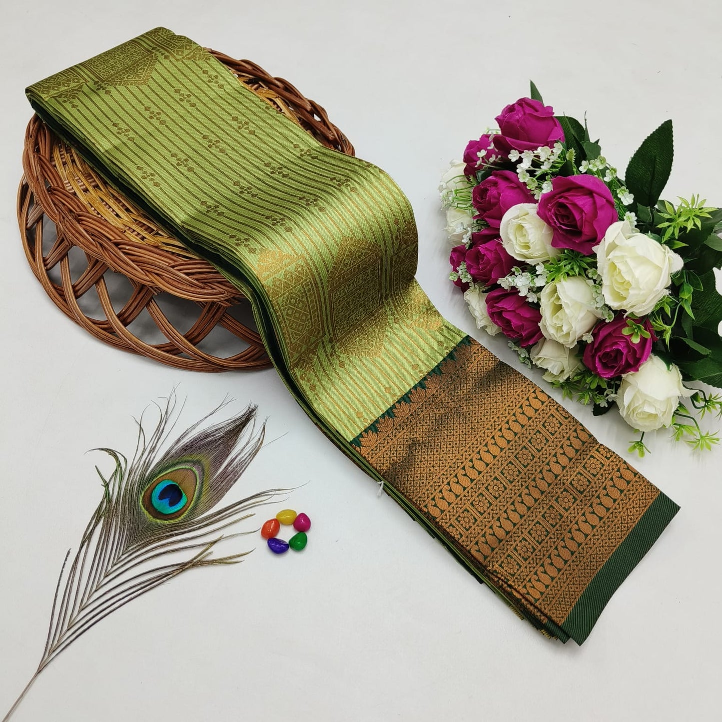 Silk Bridal Saree – 3D Embossed Weaving, Rose Gold Zari, Rich Pallu & Contrast Blouse | Premium Lightweight Wedding Saree