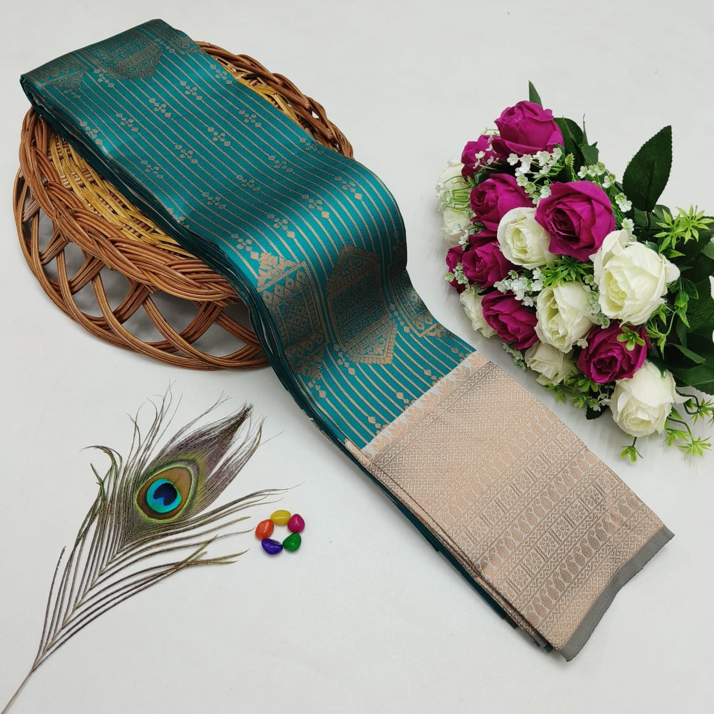 Silk Bridal Saree – 3D Embossed Weaving, Rose Gold Zari, Rich Pallu & Contrast Blouse | Premium Lightweight Wedding Saree