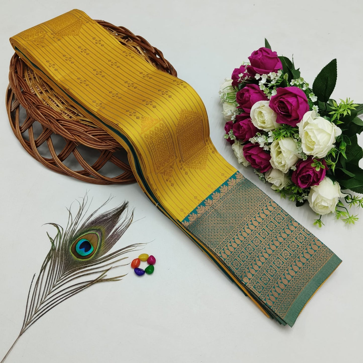 Silk Bridal Saree – 3D Embossed Weaving, Rose Gold Zari, Rich Pallu & Contrast Blouse | Premium Lightweight Wedding Saree