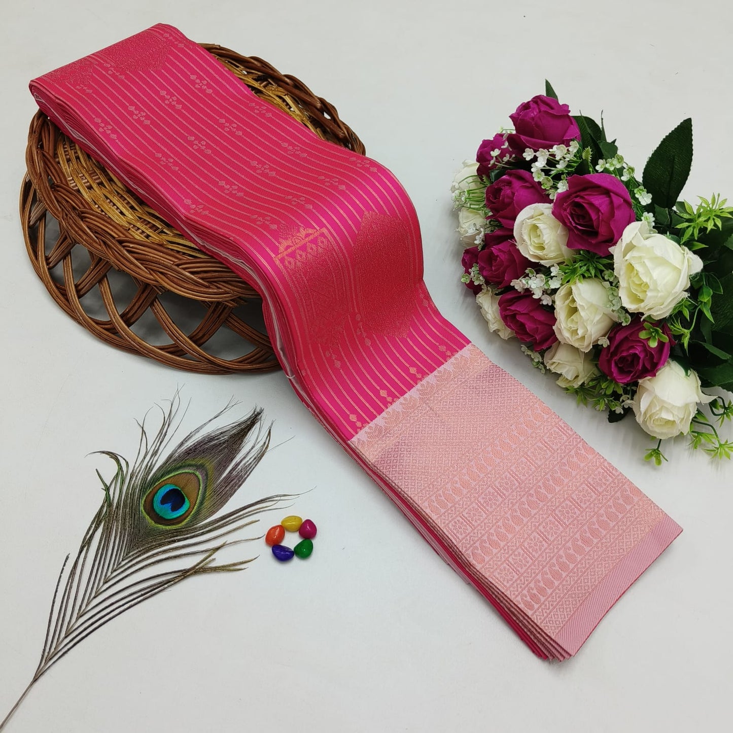 Silk Bridal Saree – 3D Embossed Weaving, Rose Gold Zari, Rich Pallu & Contrast Blouse | Premium Lightweight Wedding Saree