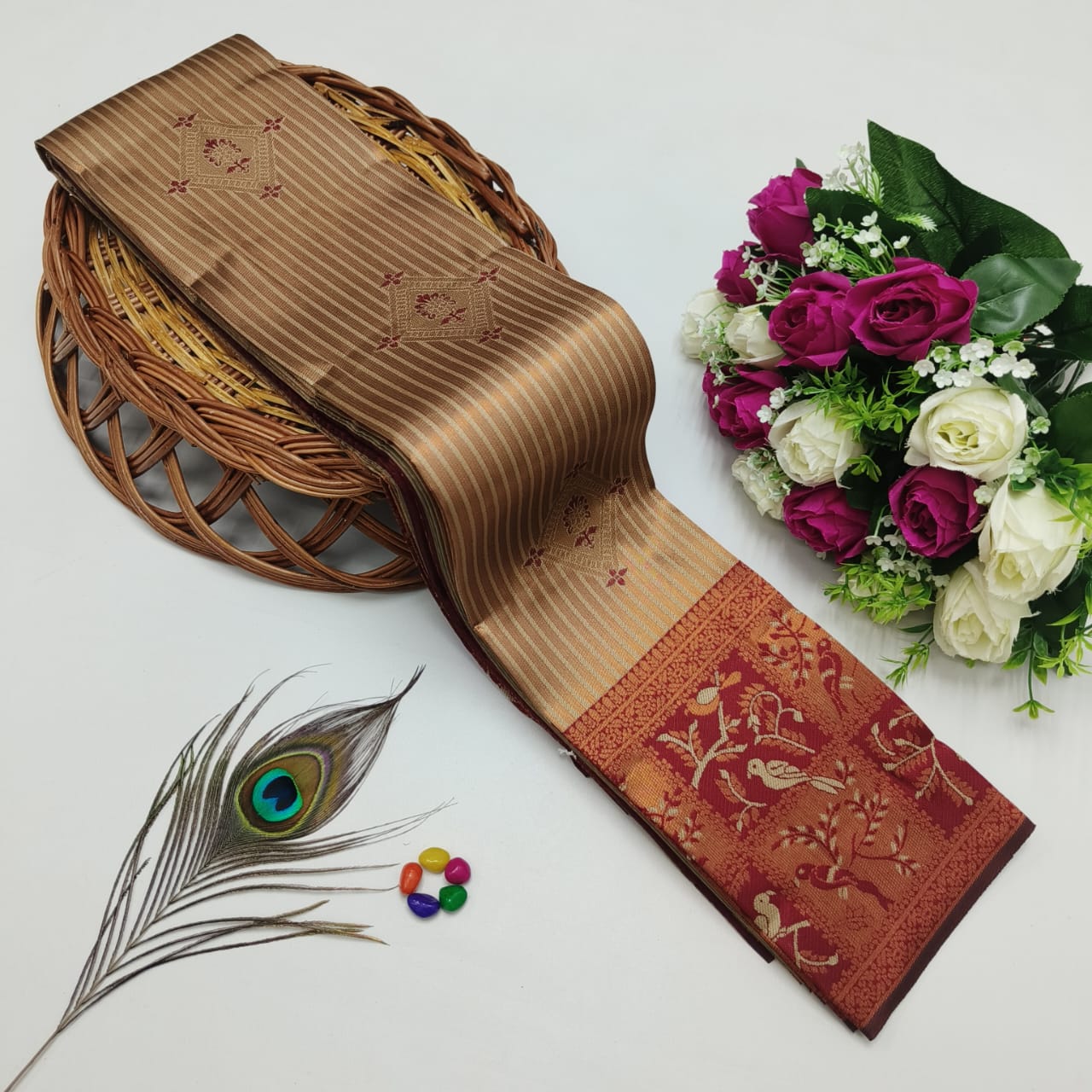 Silk Bridal Saree – 3D Embossed Weaving, Rose Gold Zari, Rich Pallu & Contrast Blouse | Premium Lightweight Wedding Saree