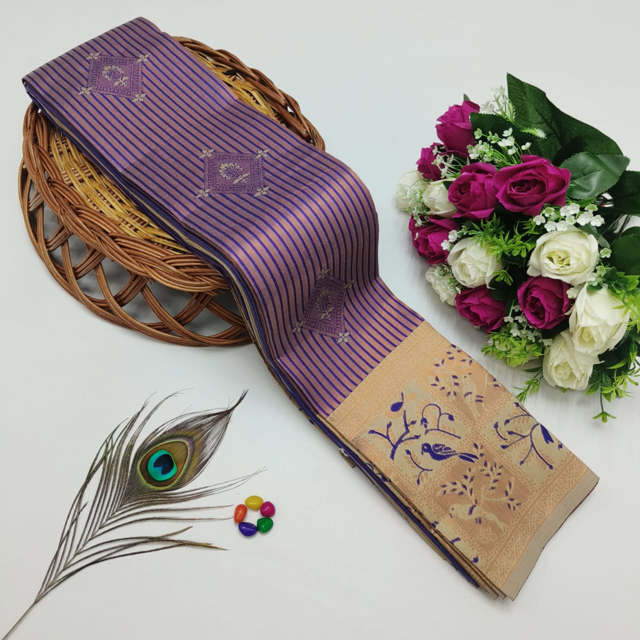 Silk Bridal Saree – 3D Embossed Weaving, Rose Gold Zari, Rich Pallu & Contrast Blouse | Premium Lightweight Wedding Saree