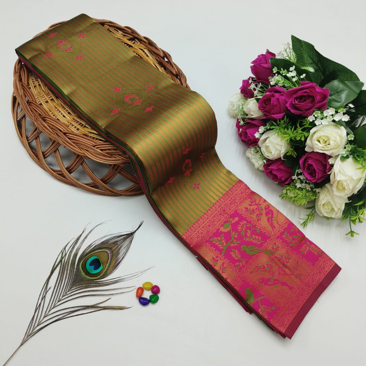 Silk Bridal Saree – 3D Embossed Weaving, Rose Gold Zari, Rich Pallu & Contrast Blouse | Premium Lightweight Wedding Saree