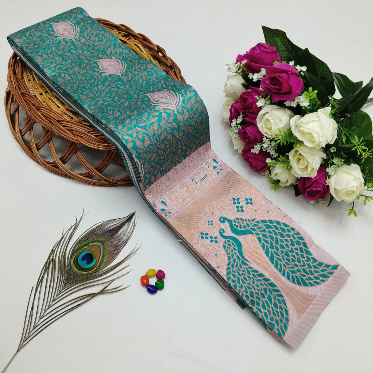 Silk Bridal Saree – 3D Embossed Weaving, Rose Gold Zari, Rich Pallu & Contrast Blouse | Premium Lightweight Wedding Saree