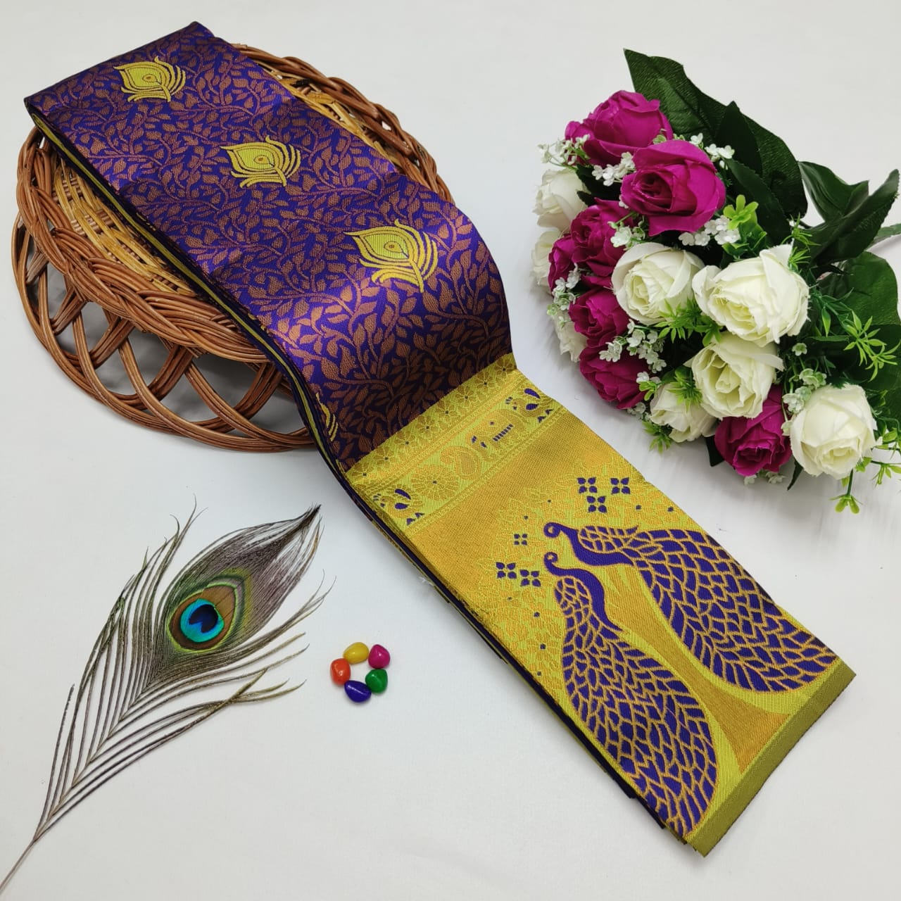 Silk Bridal Saree – 3D Embossed Weaving, Rose Gold Zari, Rich Pallu & Contrast Blouse | Premium Lightweight Wedding Saree