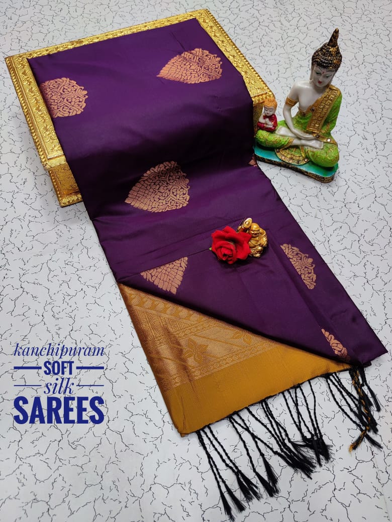 Kanchi Soft Silk Saree for Women | Copper Zari Butta Weaving with Contrast Grand Pallu & Blouse | Premium Lightweight Soft Silk Saree (Elegant Festive & Traditional Wear)