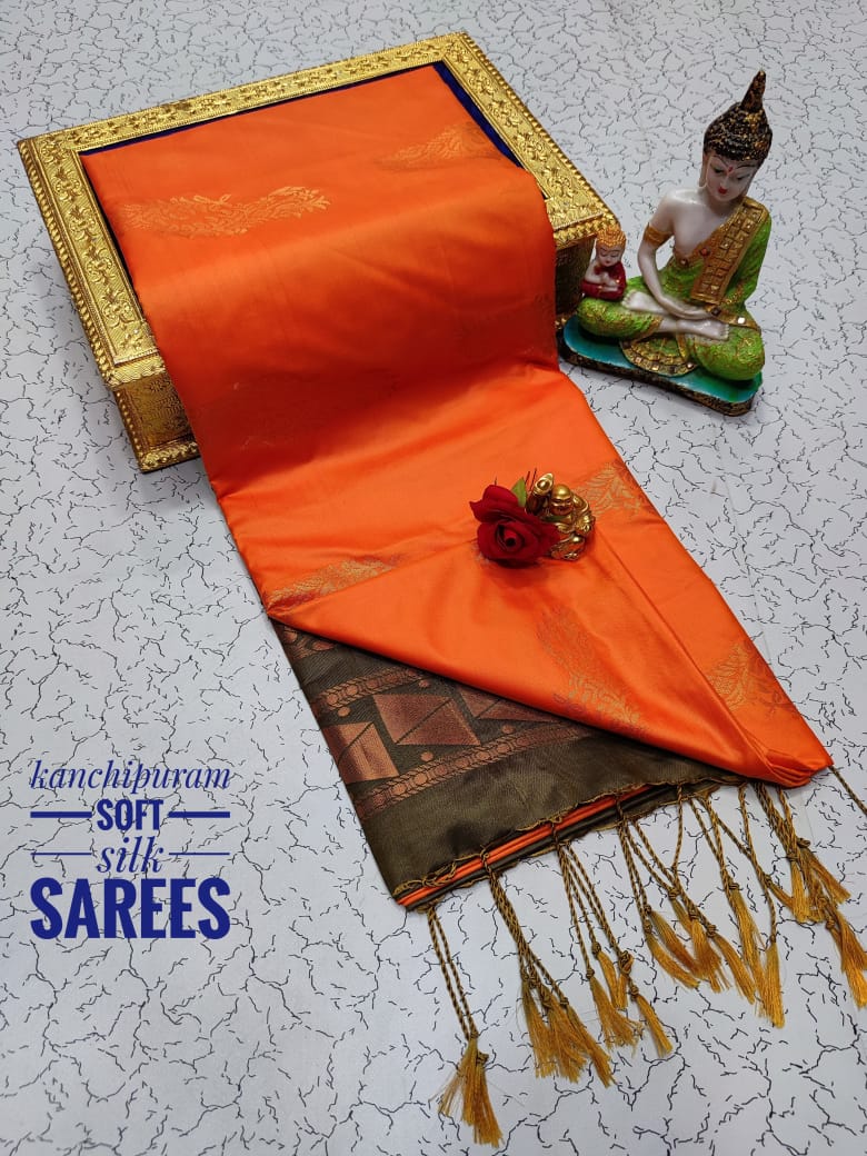 Kanchi Soft Silk Saree for Women | Copper Zari Butta Weaving with Contrast Grand Pallu & Blouse | Premium Lightweight Soft Silk Saree (Elegant Festive & Traditional Wear)