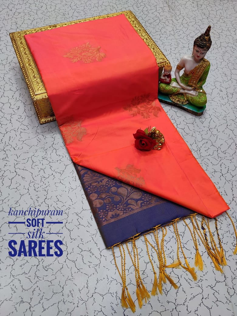 Kanchi Soft Silk Saree for Women | Copper Zari Butta Weaving with Contrast Grand Pallu & Blouse | Premium Lightweight Soft Silk Saree (Elegant Festive & Traditional Wear)