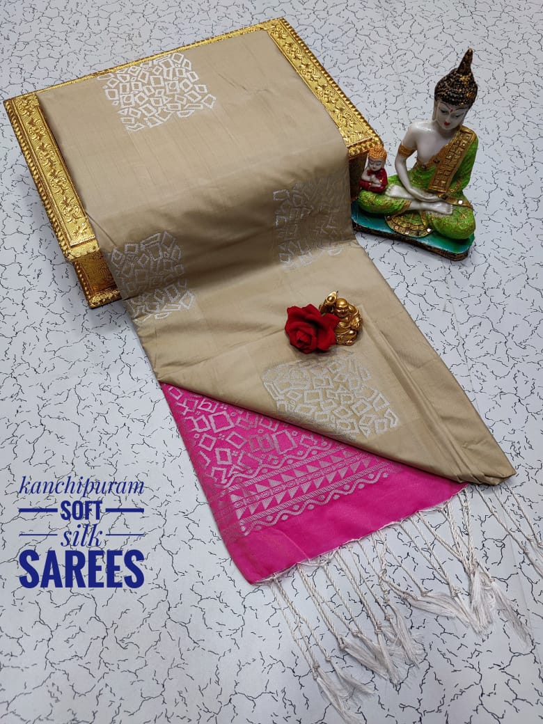 Kanchi Soft Silk Saree for Women | Copper Zari Butta Weaving with Contrast Grand Pallu & Blouse | Premium Lightweight Soft Silk Saree (Elegant Festive & Traditional Wear)