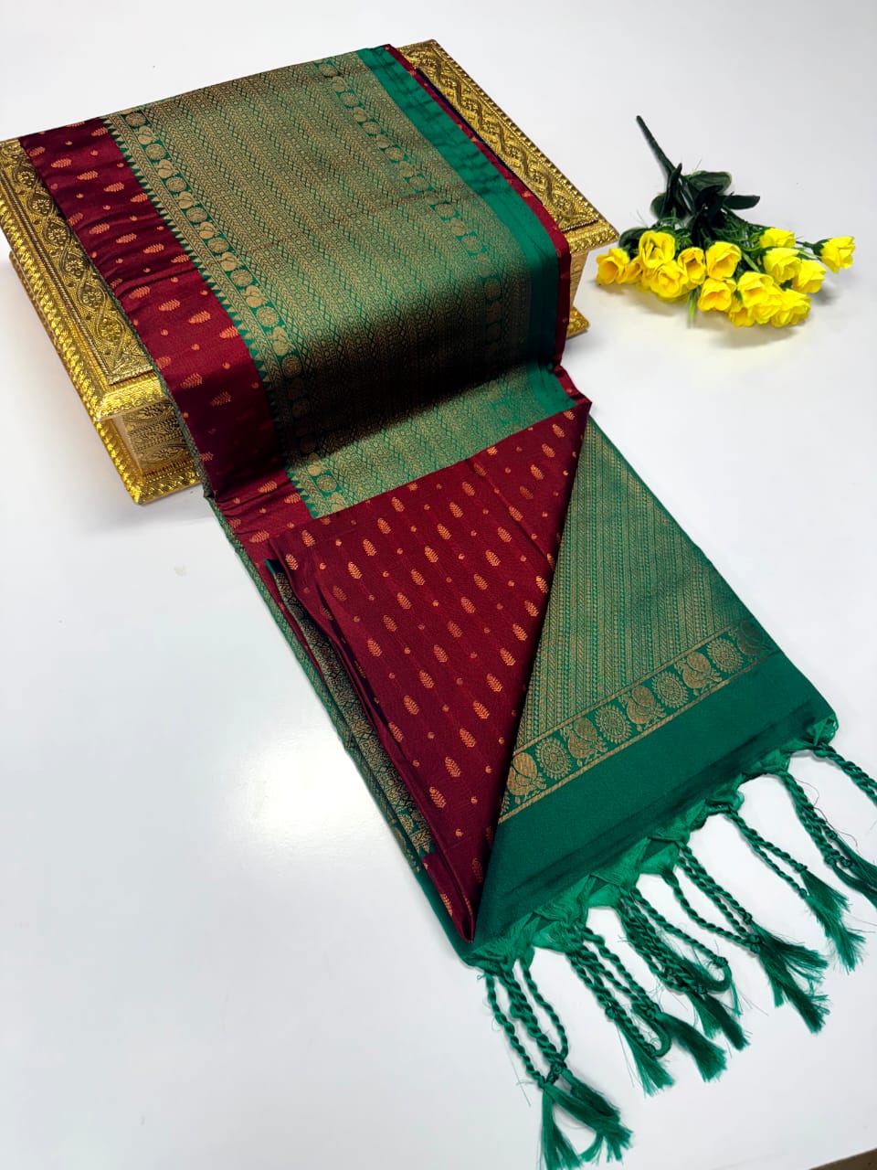 Luxury Border Pure Pattu Soft Silk Saree – 75 Dineyar Yarn Weaving with 2/2 Warp Thana Silk, Butta Work & Rich Contrast Pallu