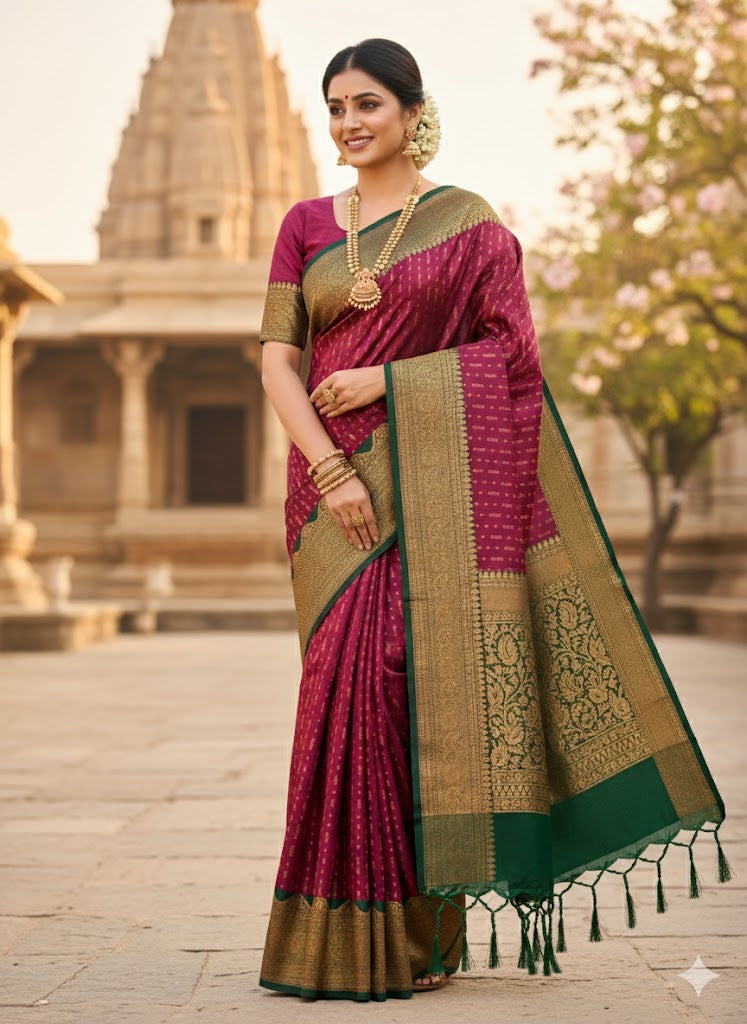Luxury Border Pure Pattu Soft Silk Saree – 75 Dineyar Yarn Weaving with 2/2 Warp Thana Silk, Butta Work & Rich Contrast Pallu