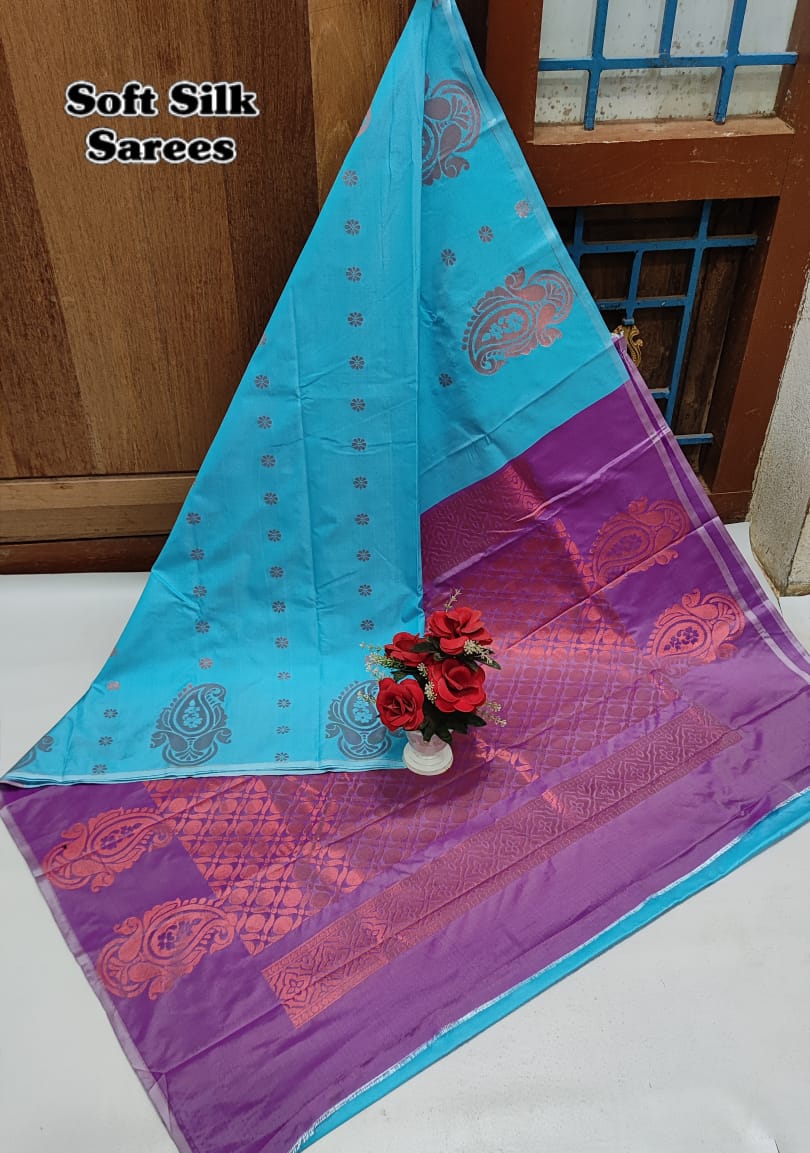 Kanchipuram Soft Silk Saree with All-Over Copper Zari Butta – Lightweight Rich Pallu & Contrast Blouse