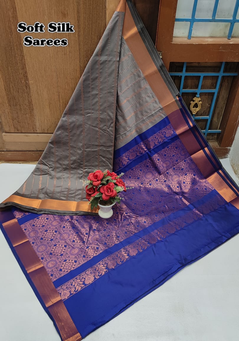 Kanchipuram Soft Silk Saree with All-Over Copper Zari Butta – Lightweight Rich Pallu & Contrast Blouse