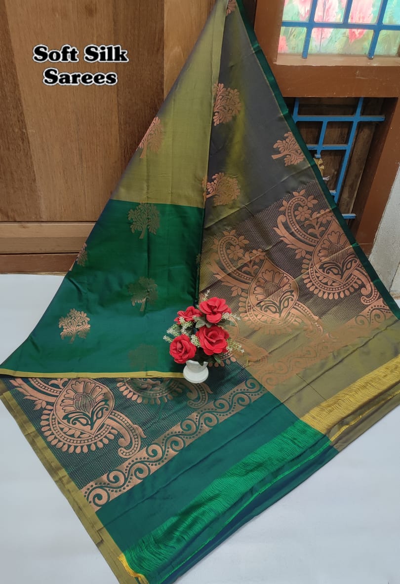 Kanchipuram Soft Silk Saree with All-Over Copper Zari Butta – Lightweight Rich Pallu & Contrast Blouse
