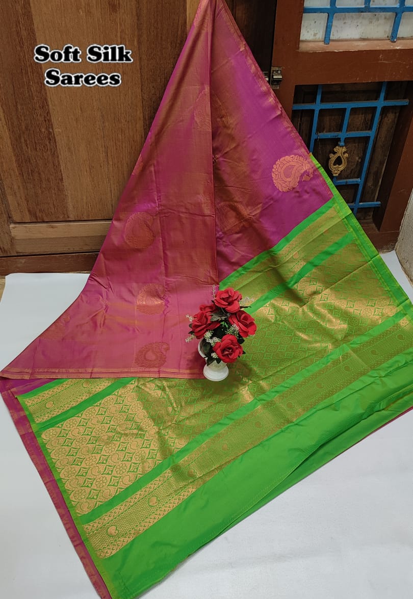 Kanchipuram Soft Silk Saree with All-Over Copper Zari Butta – Lightweight Rich Pallu & Contrast Blouse