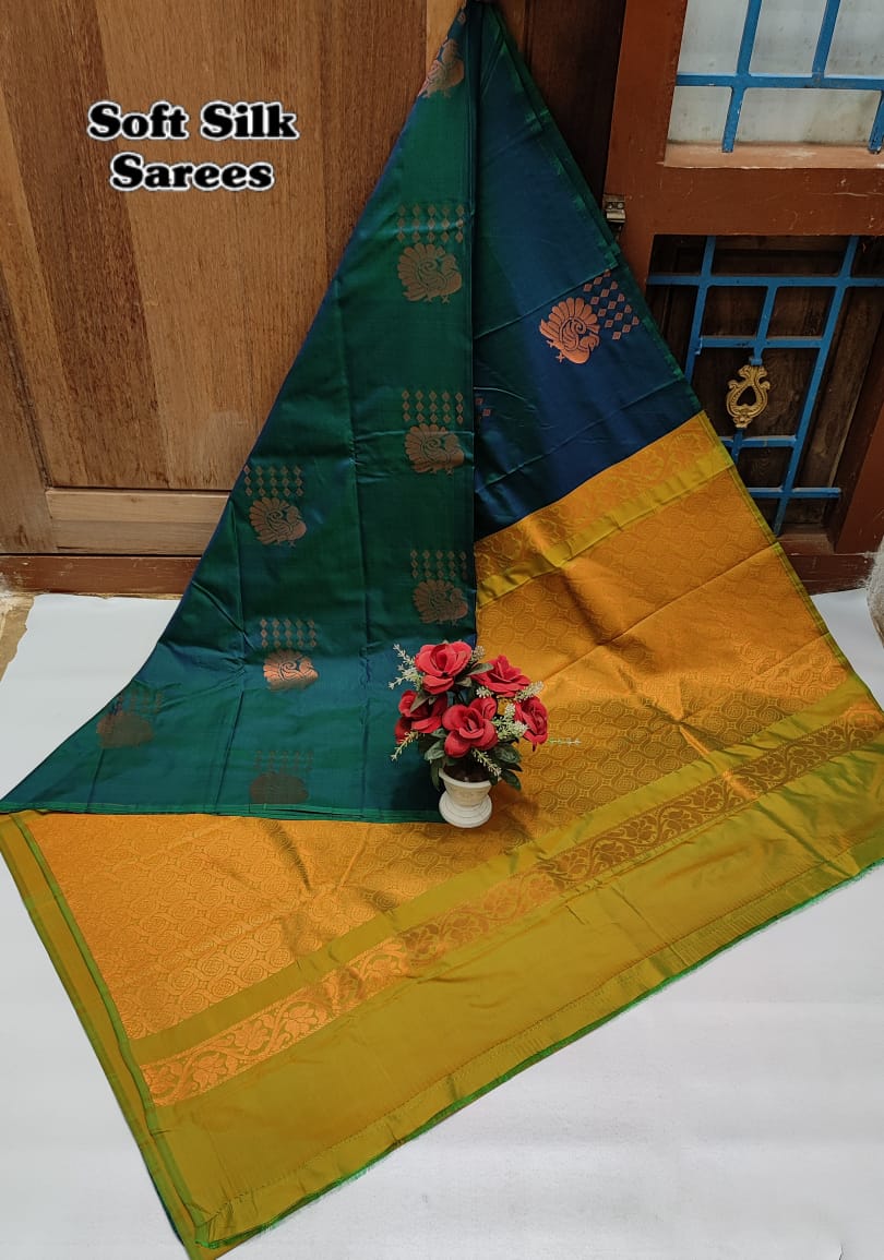 Kanchipuram Soft Silk Saree with All-Over Copper Zari Butta – Lightweight Rich Pallu & Contrast Blouse