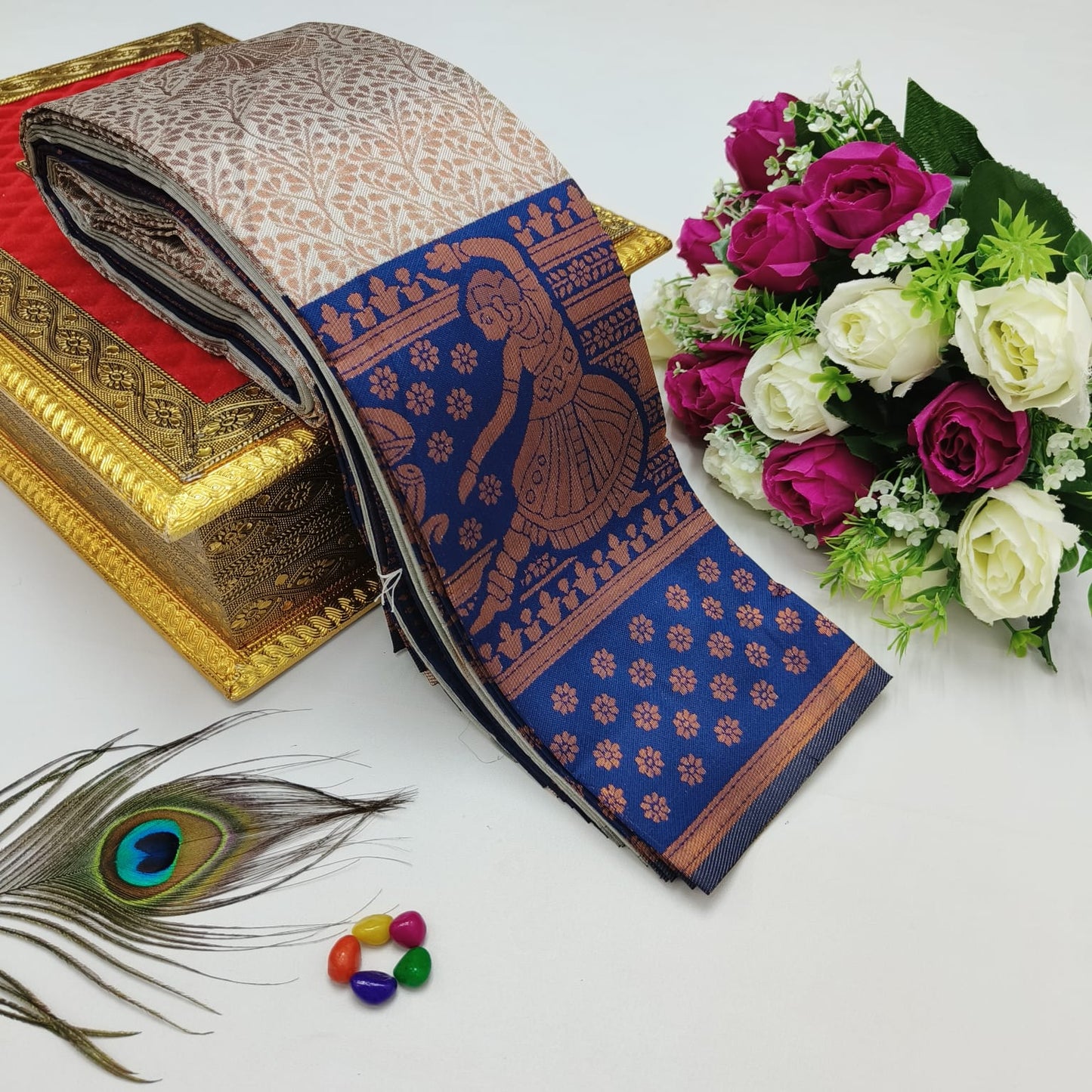 Elite Kupura Korvai Bridal Rapier Silk Saree – 3D Embossed Weaving with Rich Pallu & Contrast Blouse