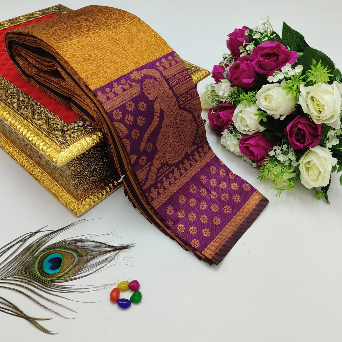 Elite Kupura Korvai Bridal Rapier Silk Saree – 3D Embossed Weaving with Rich Pallu & Contrast Blouse