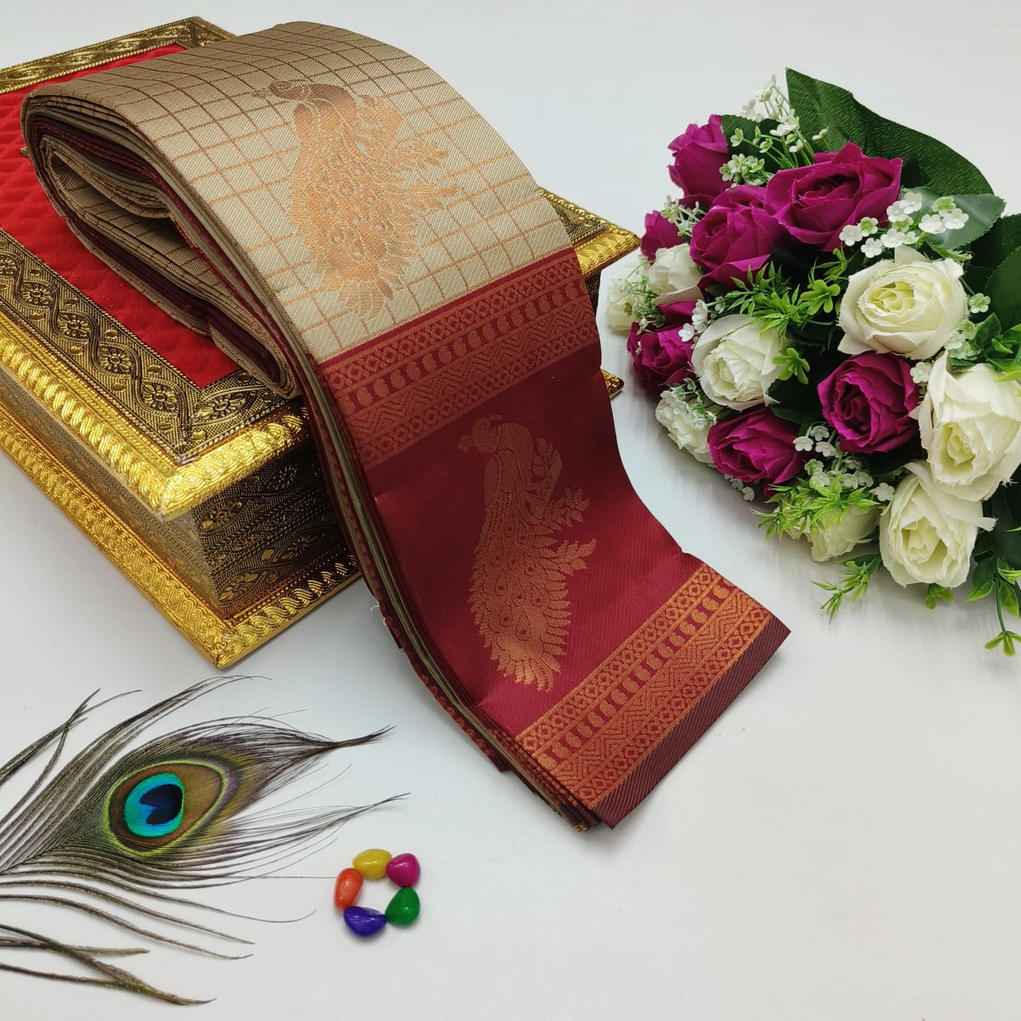 Elite Kupura Korvai Bridal Rapier Silk Saree – 3D Embossed Weaving with Rich Pallu & Contrast Blouse