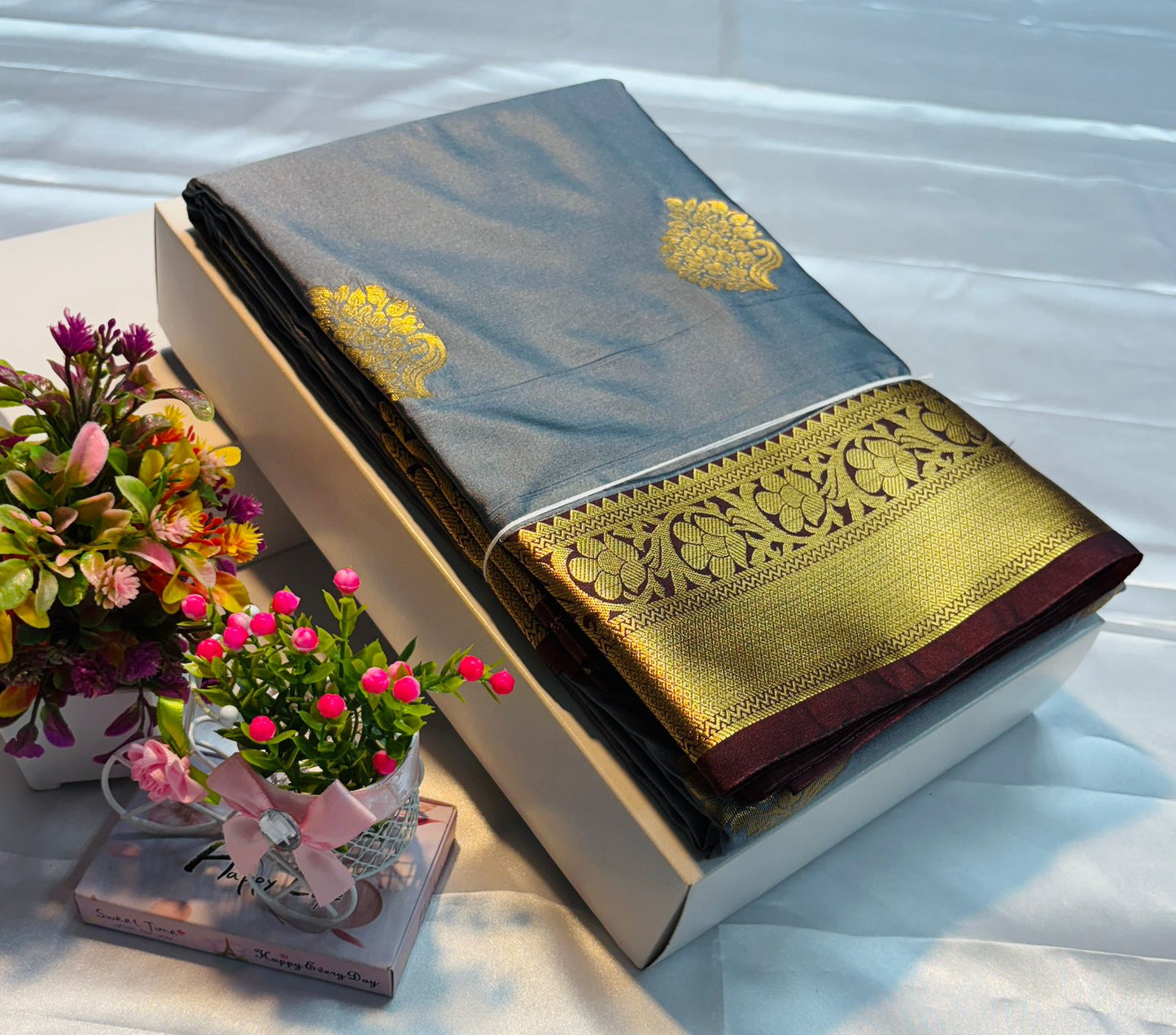 Luxury Border Pure Silky Soft Saree – 75 Dineyar Yarn Weaving with Double Warp Thana Silk, All-Over Butta Work & Rich Pallu