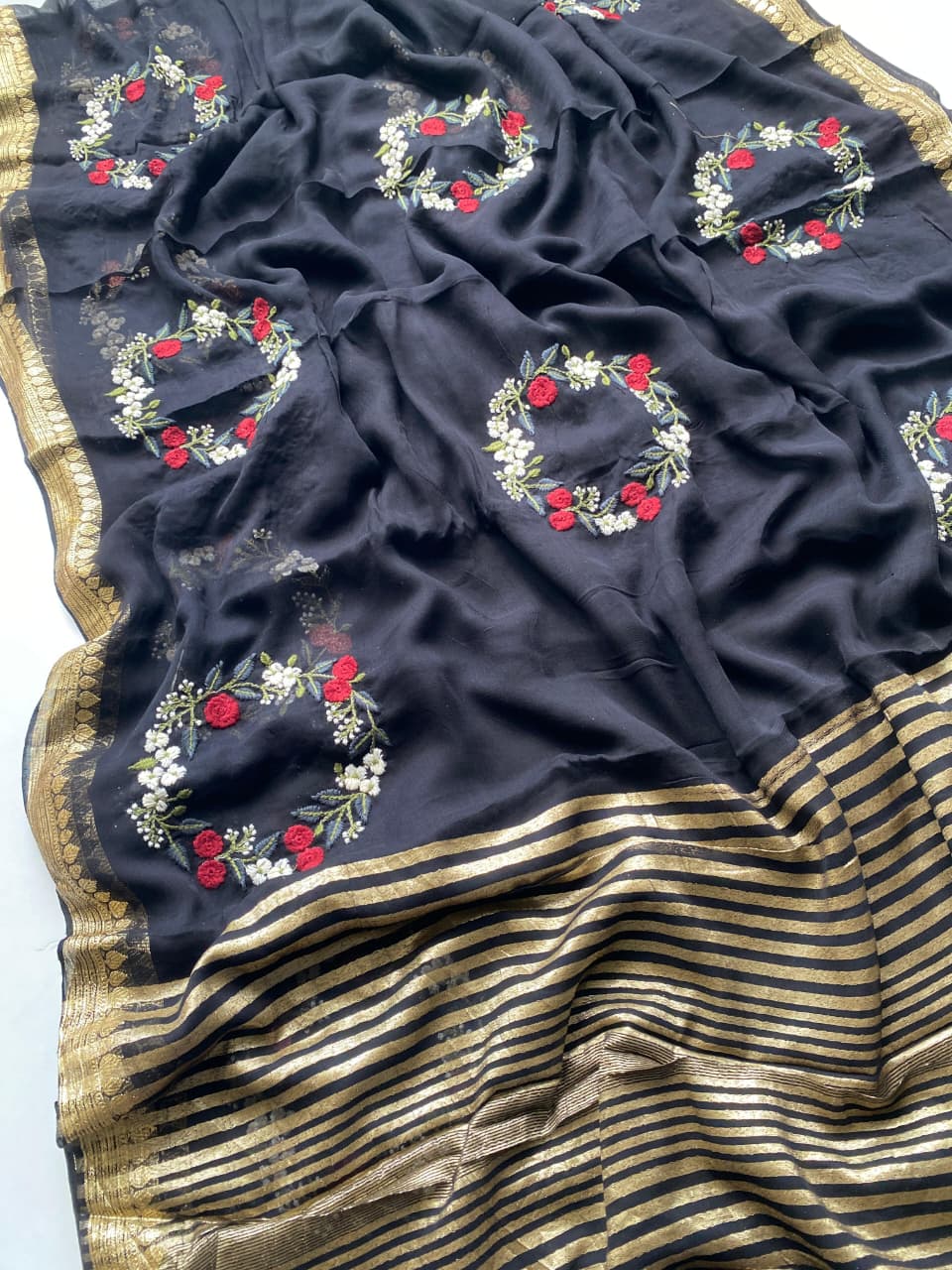 Elegant Viscose Georgette Saree for Women with Multi-Thread Embroidery & Crown Motifs | Soft Lightweight Fabric | Includes Matching Blouse with Self Zari Detailing | Festive & Wedding Wear