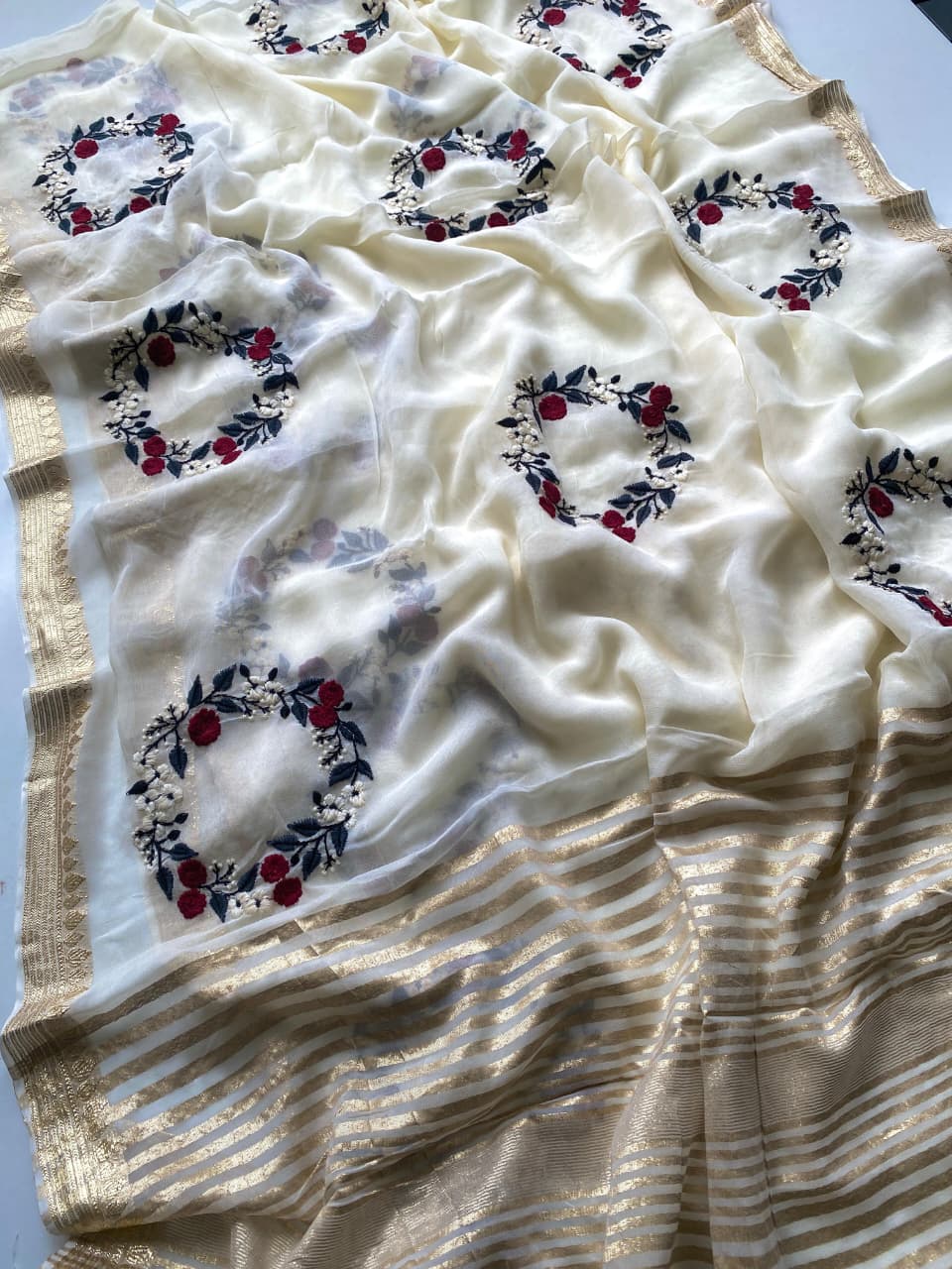 Elegant Viscose Georgette Saree for Women with Multi-Thread Embroidery & Crown Motifs | Soft Lightweight Fabric | Includes Matching Blouse with Self Zari Detailing | Festive & Wedding Wear