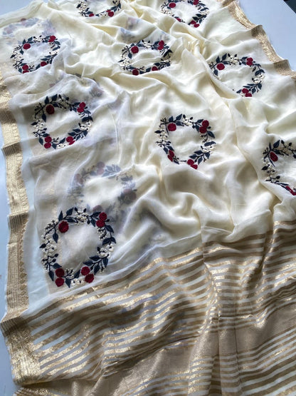 Elegant Viscose Georgette Saree for Women with Multi-Thread Embroidery & Crown Motifs | Soft Lightweight Fabric | Includes Matching Blouse with Self Zari Detailing | Festive & Wedding Wear