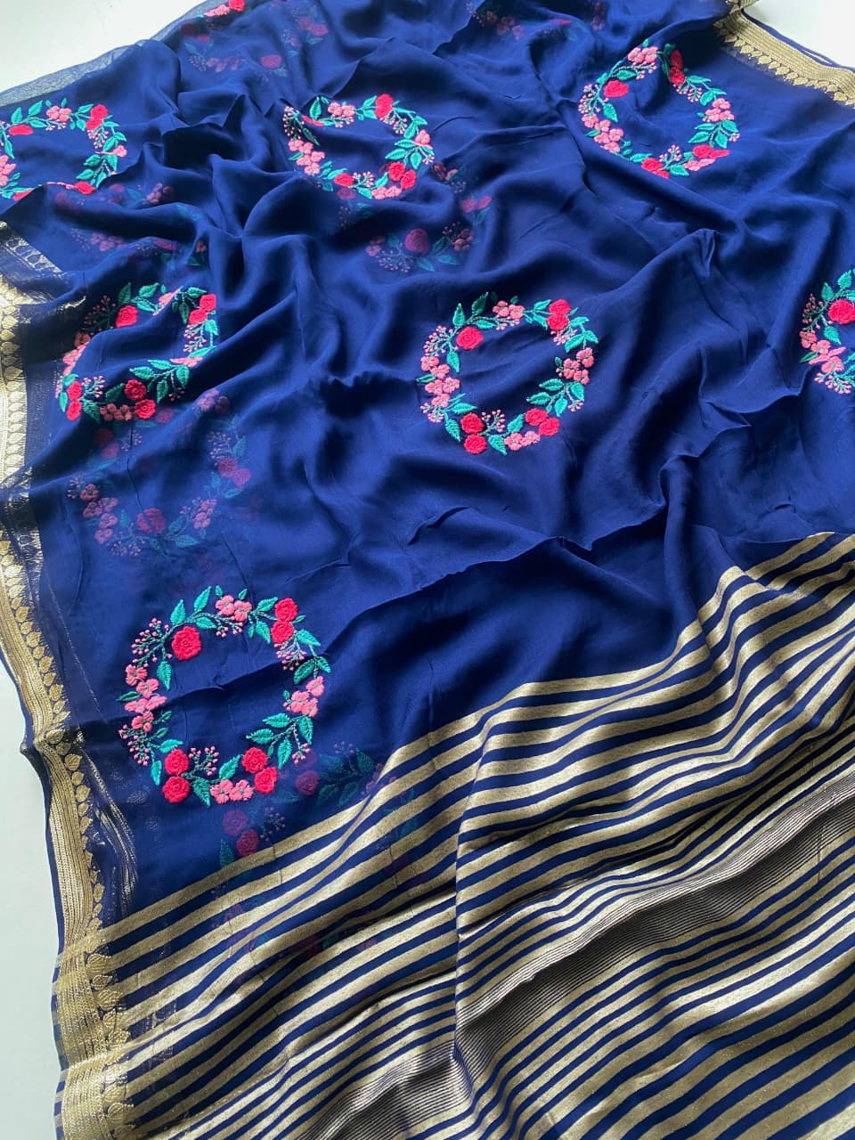 Elegant Viscose Georgette Saree for Women with Multi-Thread Embroidery & Crown Motifs | Soft Lightweight Fabric | Includes Matching Blouse with Self Zari Detailing | Festive & Wedding Wear