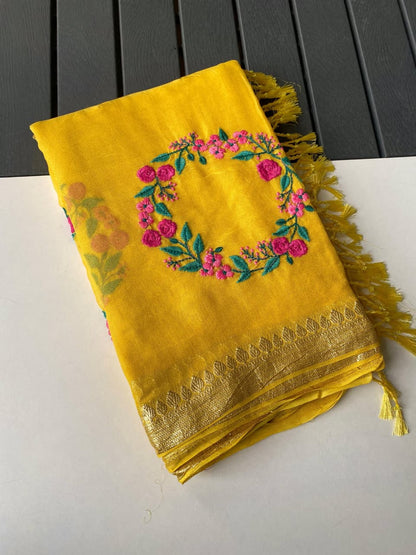 Elegant Viscose Georgette Saree for Women with Multi-Thread Embroidery & Crown Motifs | Soft Lightweight Fabric | Includes Matching Blouse with Self Zari Detailing | Festive & Wedding Wear