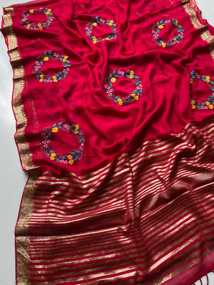 Elegant Viscose Georgette Saree for Women with Multi-Thread Embroidery & Crown Motifs | Soft Lightweight Fabric | Includes Matching Blouse with Self Zari Detailing | Festive & Wedding Wear