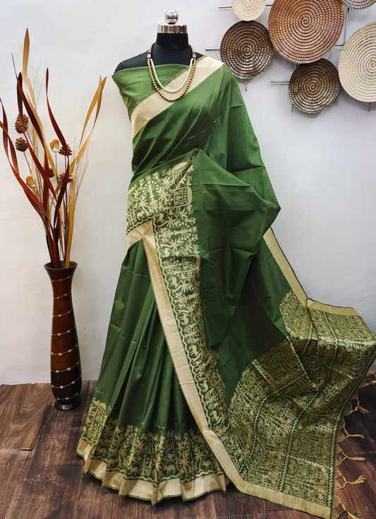 Premium Kalamkari Weaving Saree for Women | Banglori Handloom Raw Silk Saree with Rich Pallu & Running Blouse Piece | Traditional Partywear Silk Saree
