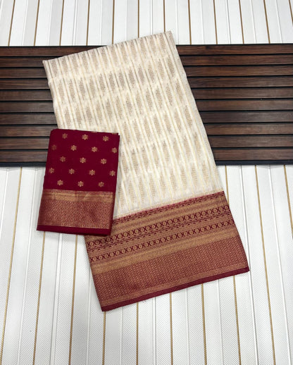 Pure Khaddi Crepe Georgette Saree with Rich Zari Weaving Border & Contrast Hand-Dyed Pallu | Original Hand Chaap Dye Saree with Running Blouse Piece | Premium Traditional Saree for Women