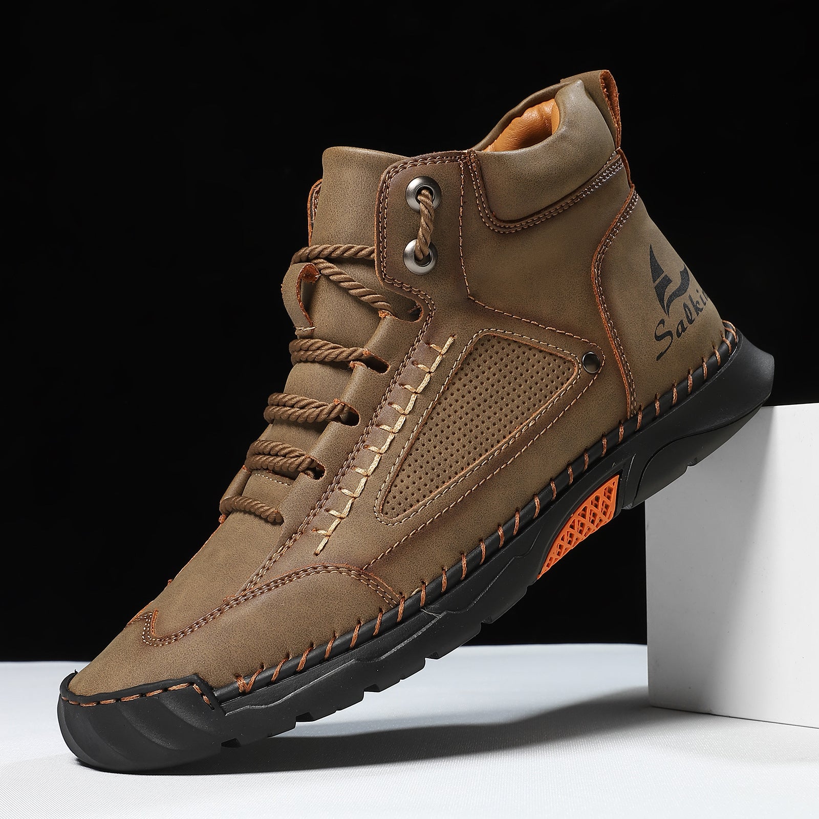 Cross-border PU Leather Handmade Stitching Ankle Boots Flat Lace-up Casual Shoes