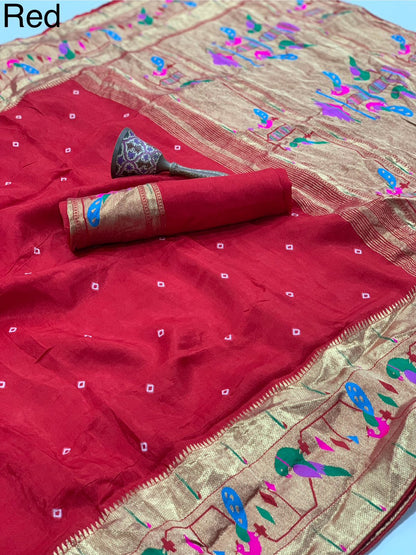 Super Hit Pure Viscose Gajji Silk Bandhej Saree with Pure Zari Weaving Work