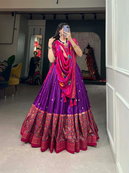 Tussar Silk Printed Lehenga Choli with Foil Work & Tassel Detailing