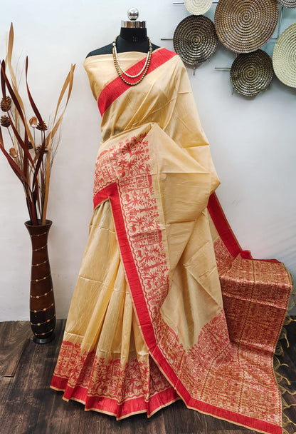 Premium Kalamkari Weaving Saree for Women | Banglori Handloom Raw Silk Saree with Rich Pallu & Running Blouse Piece | Traditional Partywear Silk Saree