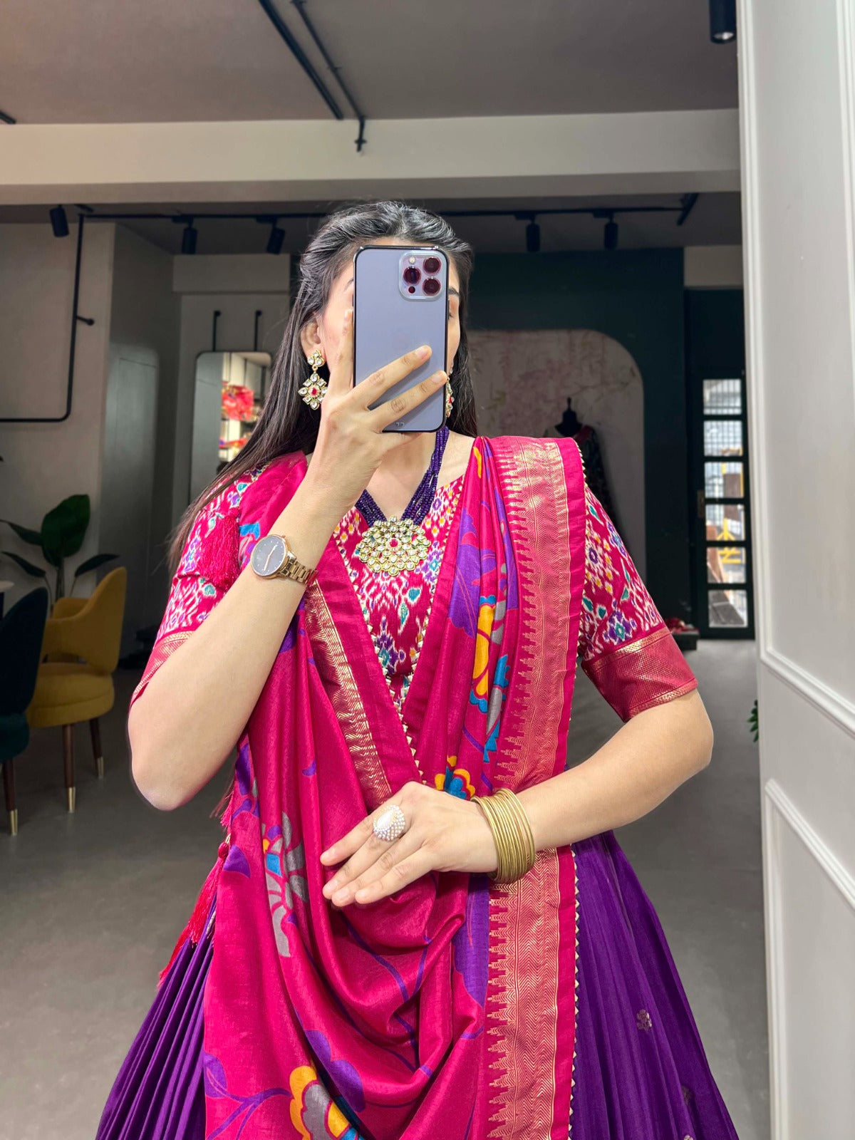 Tussar Silk Printed Lehenga Choli with Foil Work & Tassel Detailing