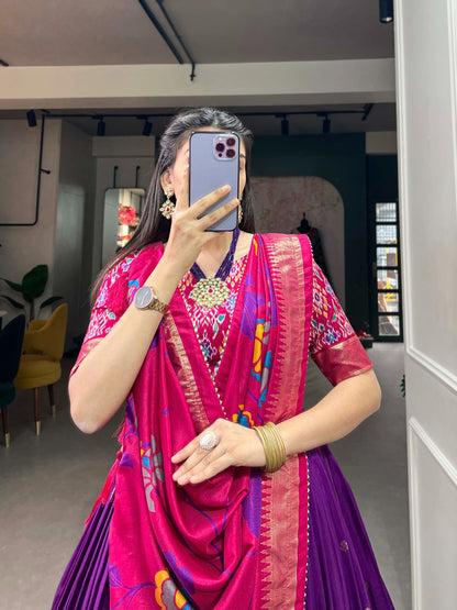 Tussar Silk Printed Lehenga Choli with Foil Work & Tassel Detailing