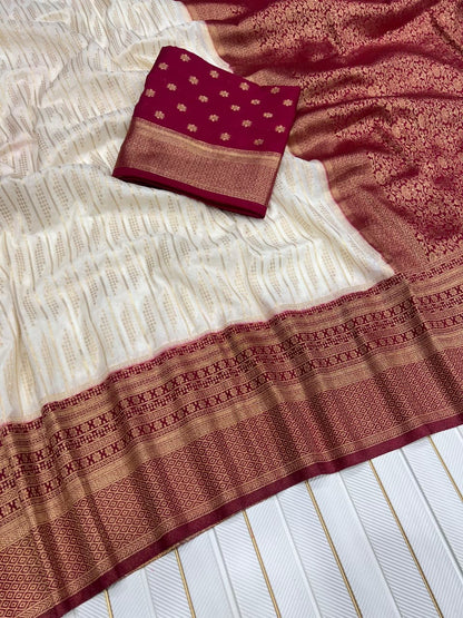 Pure Khaddi Crepe Georgette Saree with Rich Zari Weaving Border & Contrast Hand-Dyed Pallu | Original Hand Chaap Dye Saree with Running Blouse Piece | Premium Traditional Saree for Women