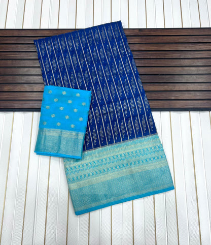 Pure Khaddi Crepe Georgette Saree with Rich Zari Weaving Border & Contrast Hand-Dyed Pallu | Original Hand Chaap Dye Saree with Running Blouse Piece | Premium Traditional Saree for Women