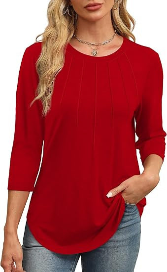 new fashion casual pleated round neck three-quarter sleeve top bottoming shirt