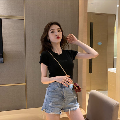 Summer new Korean version of the letter embroidery slim short-sleeved T-shirt female student tops