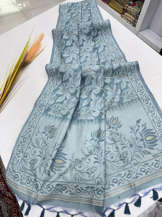 Premium Jamdani Weaving Mul Cotton Saree for Women | Soft Cotton Saree with Resham Weaving Pallu & Floral Jal Design | Traditional Saree with Running Blouse Piece