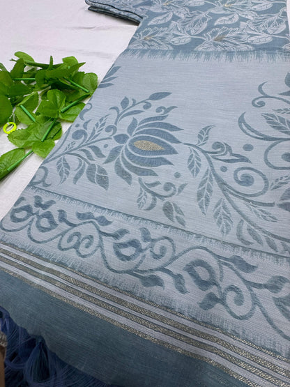 Premium Jamdani Weaving Mul Cotton Saree for Women | Soft Cotton Saree with Resham Weaving Pallu & Floral Jal Design | Traditional Saree with Running Blouse Piece